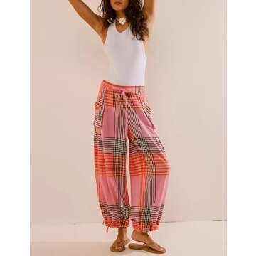 ACCPUR Women Y2K Drawstring Color Block Pants Loose Elastic High Waist Plaid Wide Leg Trousers Casual Lounge Pant with Pockets Red