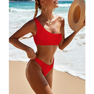 Stylish YIMISAN Women's Bikini One Shoulder Crop Top Red