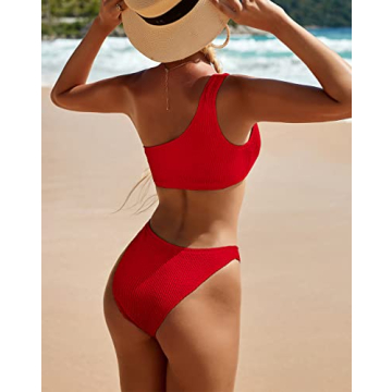 Stylish YIMISAN Women's Bikini One Shoulder Crop Top Red