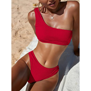Stylish YIMISAN Women's Bikini One Shoulder Crop Top Red
