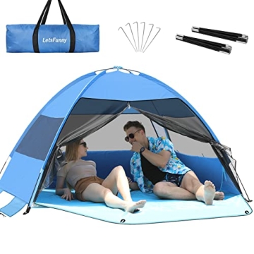 Large Easy Setup Beach Tent,Anti-UV Shelter Canopy Sun Shade with Extended Floor & 3 Mesh Roll Up Wi...