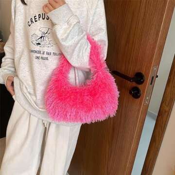Faux Fur Fluffy Hobo Bag Furry Handbag Purse Y2K Fuzzy Tote Bag,Trendy Cute Plush Purse for Women (Hot Pink)