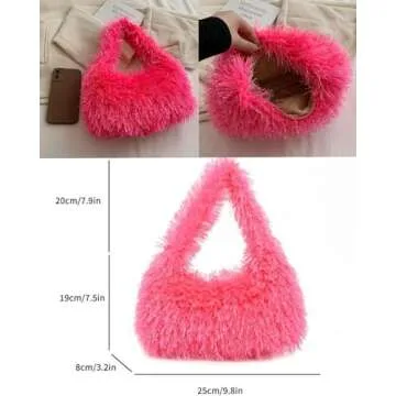 Faux Fur Fluffy Hobo Bag Furry Handbag Purse Y2K Fuzzy Tote Bag,Trendy Cute Plush Purse for Women (Hot Pink)