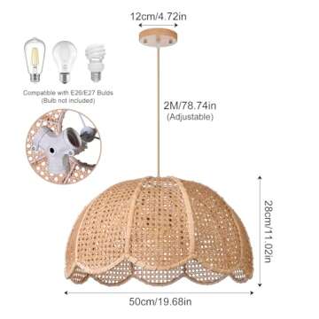 Arturesthome Hand Woven Pendant Light Fixture, 3-Lights Hanging Lamp Ceiling Lighting, Chandelier Lampshade for Kitchen Dining Room Living Room Bedroom Hallway D 19.6in * H 11in