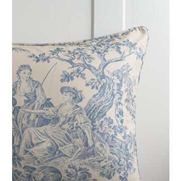 Maison d' Hermine Decorative Pillow Cover 100% Cotton 18 Inch x 18 Inch Square Toile Washable Cushion Covers with Invisible Zipper for Couch, Bedroom, Home, The Miller - Blue - Spring/Summer