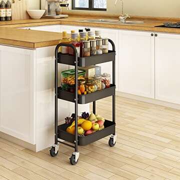 Simple Trending 3-Tier Heavy Duty Metal Utility Rolling Storage Cart with Lockable Wheels, Black
