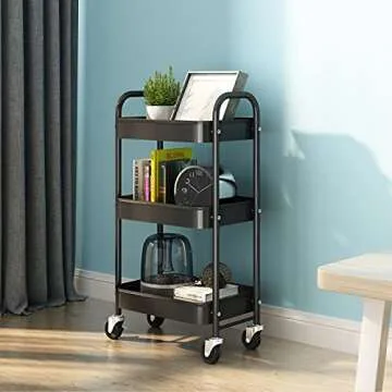 Simple Trending 3-Tier Heavy Duty Metal Utility Rolling Storage Cart with Lockable Wheels, Black