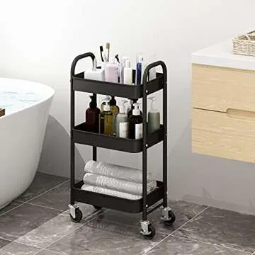 Simple Trending 3-Tier Heavy Duty Metal Utility Rolling Storage Cart with Lockable Wheels, Black