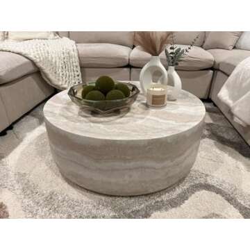 JUSTONE 35.43" Round Coffee Table, Modern Marble Faux Pattern - Minimalist Accent Table for Living Room, Office