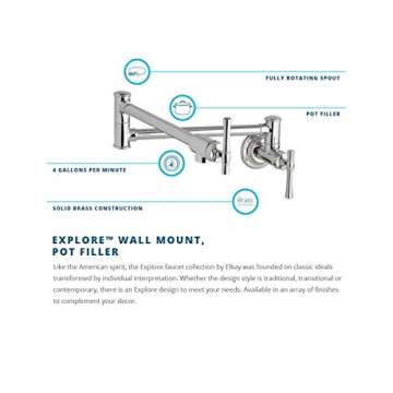 Elkay Explore LKEC2091PN Single Hole Wall Mount Pot Filler Kitchen Faucet with Lever Handles, Polished Nickel