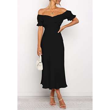 Linsery Women Wedding Guest Dresses Satin Bridemaid Off Shoulder Cocktail Party Fit and Flare Midi Dress Black M