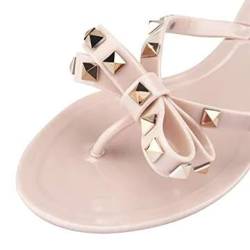 TYFLOVE Women Rivet Flip Flops Studded Jelly Thong Sandals with Bow Summer Bowtie Flat Beach Rain Shoes (Pink-Nude, 7)