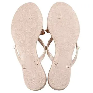 TYFLOVE Women Rivet Flip Flops Studded Jelly Thong Sandals with Bow Summer Bowtie Flat Beach Rain Shoes (Pink-Nude, 7)
