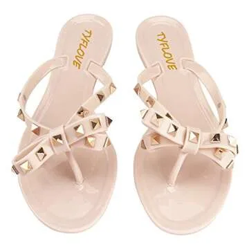 TYFLOVE Women Rivet Flip Flops Studded Jelly Thong Sandals with Bow Summer Bowtie Flat Beach Rain Shoes (Pink-Nude, 7)