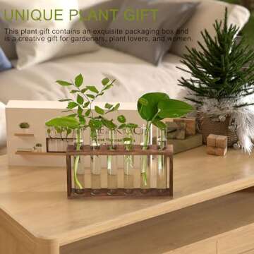 Veakoo Plant Terrarium with Wooden Stand, Desktop/Wall Hanging Live Plant Propagation Station Planters Glass Tubes Hydroponic Vase Air Planter Holder for Indoor Office Home Garden Decor (6 Test Tubes)