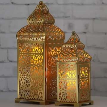 VELA LANTERNS Set of 2 - Large Golden Temple Moroccan Lanterns for Elegant Home & Party Decor