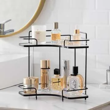 HBlife Bathroom Countertop Organizer 2 Tier Corner Makeup Organizer Luxury Perfume Tray Skincare Storage Cosmetic Organizer Bathroom Counter Shelf, Black