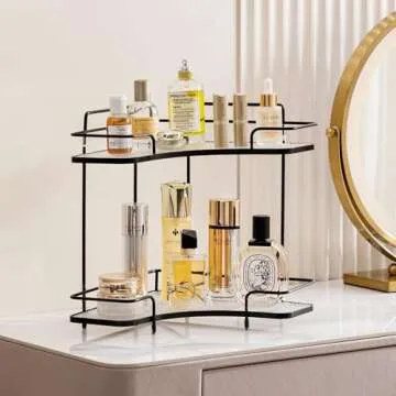 HBlife Bathroom Countertop Organizer 2 Tier Corner Makeup Organizer Luxury Perfume Tray Skincare Storage Cosmetic Organizer Bathroom Counter Shelf, Black