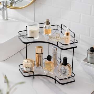 HBlife Bathroom Countertop Organizer 2 Tier Corner Makeup Organizer Luxury Perfume Tray Skincare Storage Cosmetic Organizer Bathroom Counter Shelf, Black