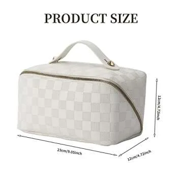 CELEDAS Cosmetic bag - check pattern cosmetic bag - waterproof portable skincare bag - large capacity cosmetic bag for women - with handle separator - white - fashion (White)