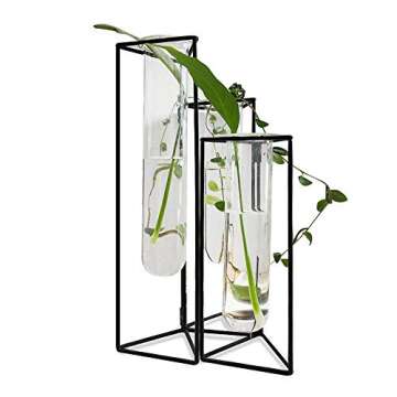 SHINA Set of 3 Test Tube Vase with Black Iron Frame Stand Creative Desktop Glass Planter Hydroponics Cylinder Clear Vase for Propagating Hydroponics Plants Flower Display Home Office Decor