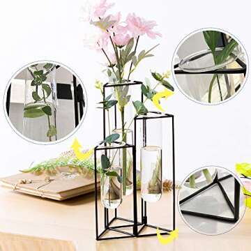 SHINA Set of 3 Test Tube Vase with Black Iron Frame Stand Creative Desktop Glass Planter Hydroponics Cylinder Clear Vase for Propagating Hydroponics Plants Flower Display Home Office Decor