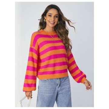 SOLY HUX Women's Color Block Striped Knit Tops Casual Long Sleeve Drop Shoulder Sweater Pullovers Orange and Pink Large