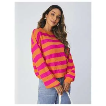 SOLY HUX Women's Color Block Striped Knit Tops Casual Long Sleeve Drop Shoulder Sweater Pullovers Orange and Pink Large