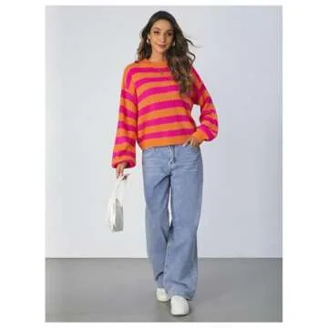 SOLY HUX Women's Color Block Striped Knit Tops Casual Long Sleeve Drop Shoulder Sweater Pullovers Orange and Pink Large