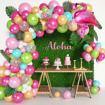 132Pcs Tropical Flamingo Balloons Garland Kit, Flamingo Foil Balloons Green Pink Aqua Blue Confetti ...