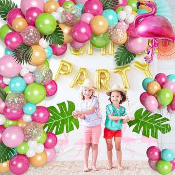 132Pcs Tropical Flamingo Balloons Garland Kit, Flamingo Foil Balloons Green Pink Aqua Blue Confetti Balloons Palm Leaves Baby Shower Hawaiian Luau Birthday Party Decorations Supplies