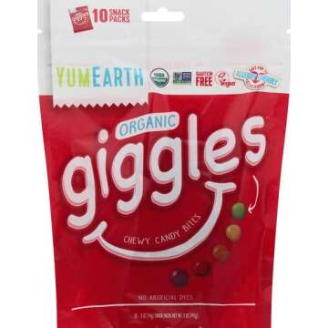 YumEarth Organic Fruit Flavored Giggles Chewy Candy Bites, 10-0.5 oz. Snack Packs, Allergy Friendly,...
