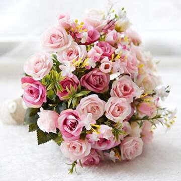 Flonding Wedding Bouquets Bride Bridal Artificial Roses Brooch Bouquet Romantic Bridesmaid Holding Flowers for Valentine's Day Confession Party Church (Pink)
