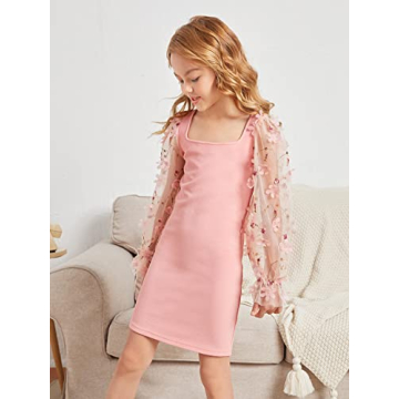 WDIRARA Girl's Sheer Mesh Flounce Dress in Pink for Ages 7-12