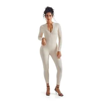 SUUKSESS Women Long Sleeve Ribbed Jumpsuit Sexy Zip up Front Workout One Piece Bodycon Jumpsuit Romper (Beige, L)
