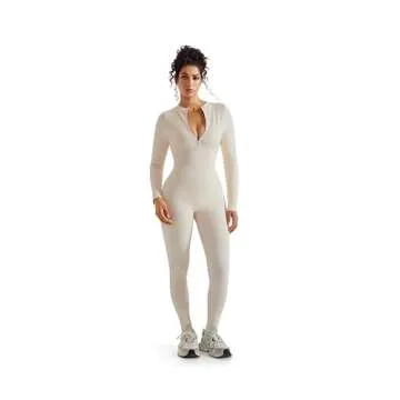 SUUKSESS Women Long Sleeve Ribbed Jumpsuit Sexy Zip up Front Workout One Piece Bodycon Jumpsuit Romper (Beige, L)
