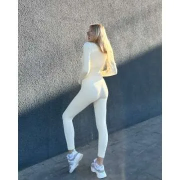 SUUKSESS Women Long Sleeve Ribbed Jumpsuit Sexy Zip up Front Workout One Piece Bodycon Jumpsuit Romper (Beige, L)