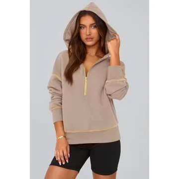 PRETTYGARDEN Women's Hooded Sweatshirts Long Sleeve Half Zip Cropped Hoodie Pullover Winter Fashion Clothes (Khaki,Small)