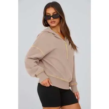 PRETTYGARDEN Women's Hooded Sweatshirts Long Sleeve Half Zip Cropped Hoodie Pullover Winter Fashion Clothes (Khaki,Small)