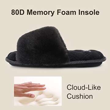 LongBay Women's Open Toe Slippers Fuzzy Fluffy Memory Foam Comfy Slip On Indoor Bedroom Home Slide (Large/ 9-10, Black)