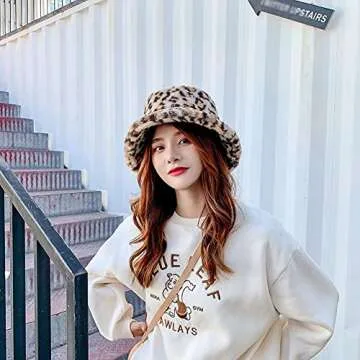 Winter Faux Fur Furry Leopard Beige Bucket Hat Fluffy Fuzzy Warm Hat Plush Fisherman Hat for Women Teens Girls
