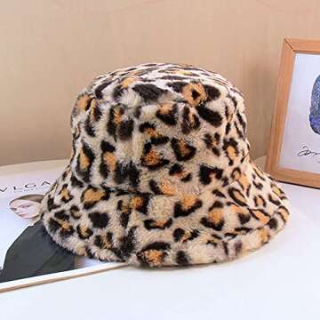 Winter Faux Fur Furry Leopard Beige Bucket Hat Fluffy Fuzzy Warm Hat Plush Fisherman Hat for Women Teens Girls