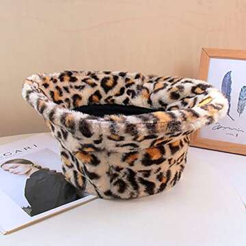 Winter Faux Fur Furry Leopard Beige Bucket Hat Fluffy Fuzzy Warm Hat Plush Fisherman Hat for Women Teens Girls