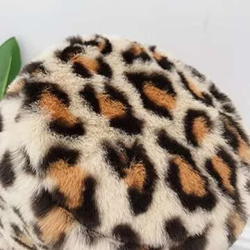 Winter Faux Fur Furry Leopard Beige Bucket Hat Fluffy Fuzzy Warm Hat Plush Fisherman Hat for Women Teens Girls