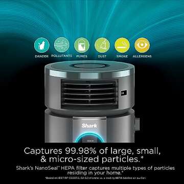 Shark 3 in 1 Air Purifiers for Home, Bedroom, or Office with HEPA Filter, Small Space Heater and Fan Combo, Filters Smoke, Covers up to 500 Sq Ft, Clean Sense Technology, Heat, Cool and Purify, HC452