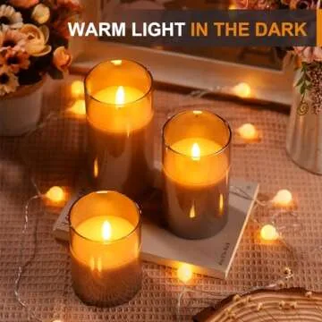 Glass Battery Operated LED Flameless Candles with Remote and Timer, Real Wax Candles Warm Color Flickering Light for Festival Wedding Home Party Decor(Pack of 3)-Grey