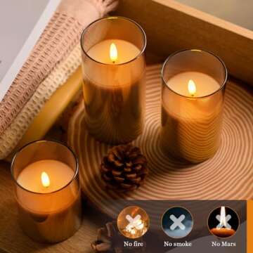 Glass Battery Operated LED Flameless Candles with Remote and Timer, Real Wax Candles Warm Color Flickering Light for Festival Wedding Home Party Decor(Pack of 3)-Grey