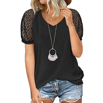 MIHOLL Women's Short Sleeve Lace Sleeve V Neck Waffle Knit Casual Top