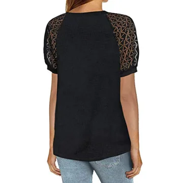 MIHOLL Women's Lace V Neck Waffle Knit Tee - Stylish Comfort