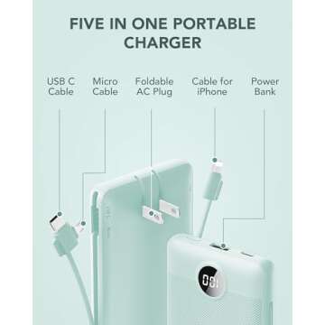 VRURC Portable Charger Built-in Cables and AC Wall Plug, USB C Power Bank 10000mAh, Portable Phone Charger Compact Lightweight External Battery Pack for Smart Phones, Tablets etc-Green